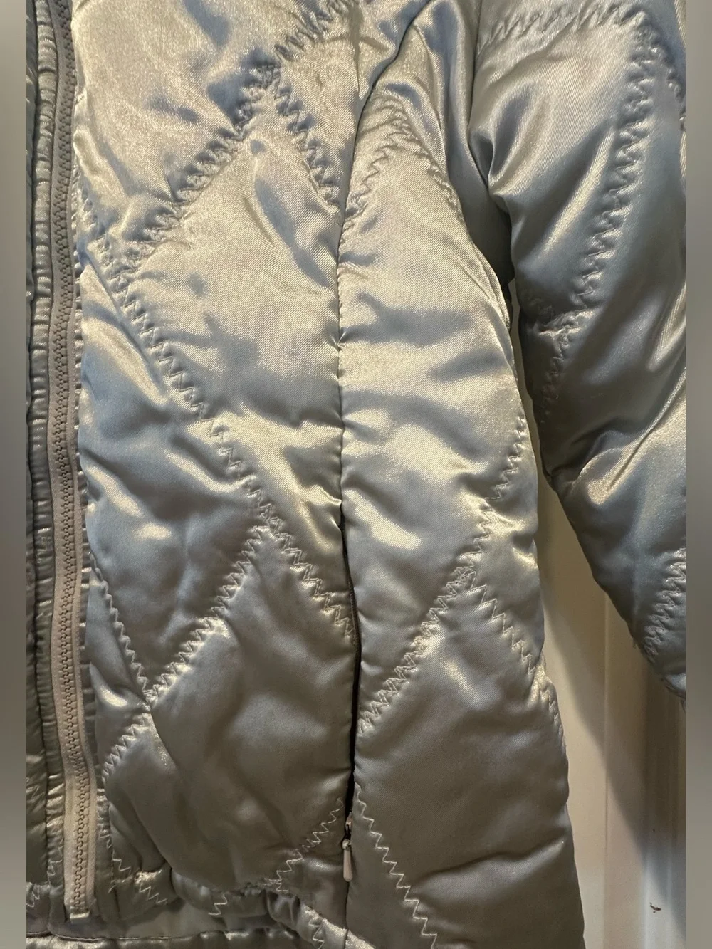 GENERATION Y Shimmery Silver Quilted Puffer with Faux Fur Trim